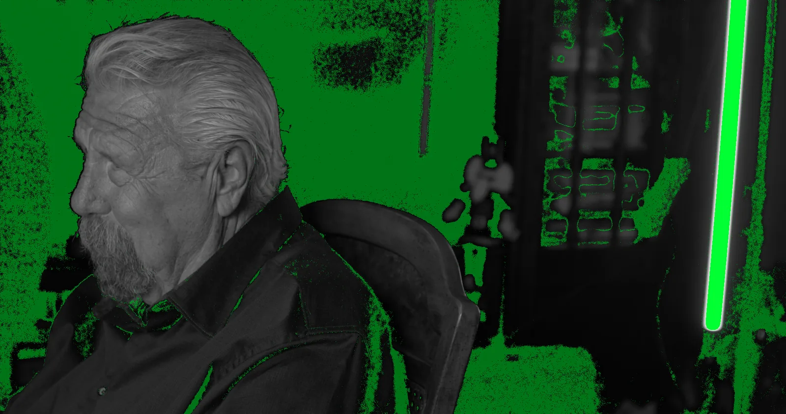 A portrait beside an LED tube, the neutral areas marked green.